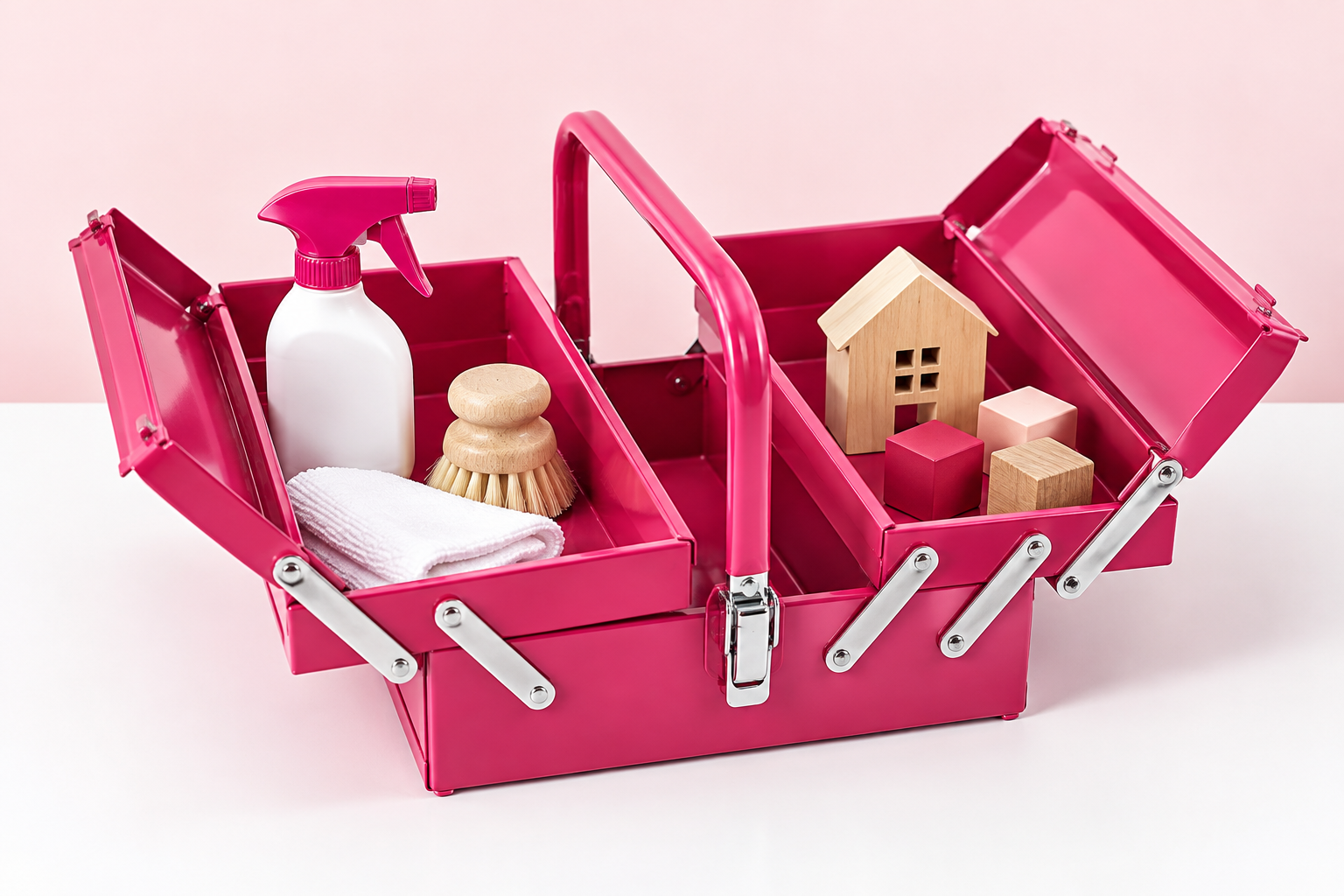 A raspberry metal toolbox with cleaning supplies in its left compartment and a wooden house and toy blocks in its right compartment.
