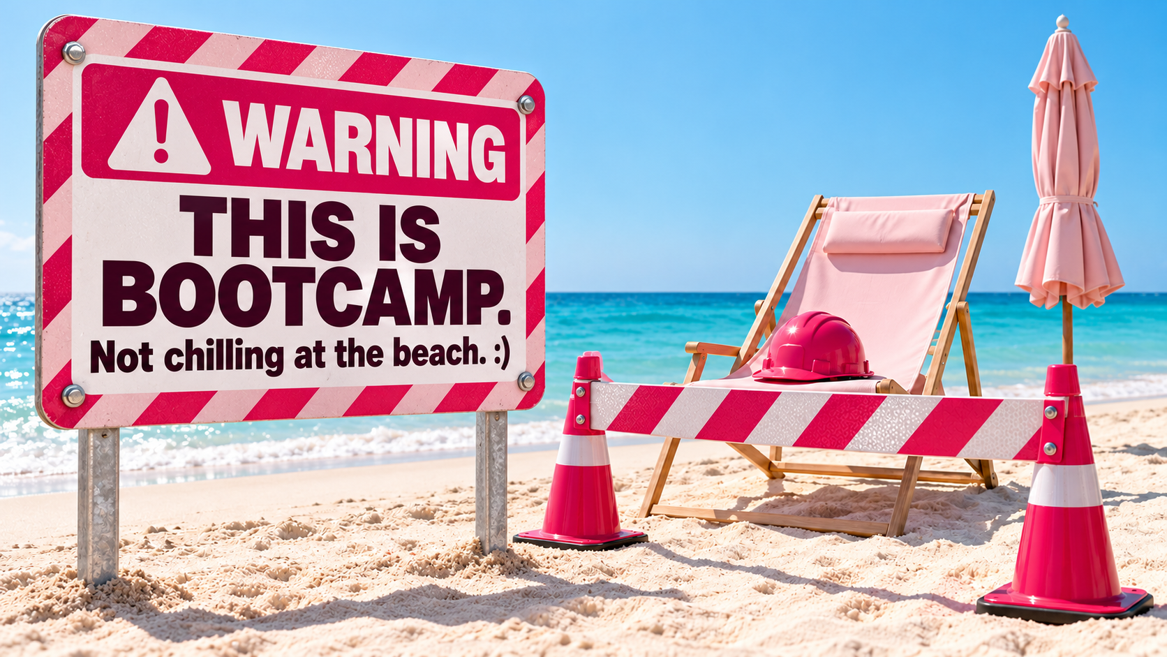 A pink striped warning sign on metal posts in the sand reads: This is Bootcamp. Not chilling at the beach. :) A pink hardhat rests on a beach chair blocked by a pink barricade with cones, beside turquoise water.