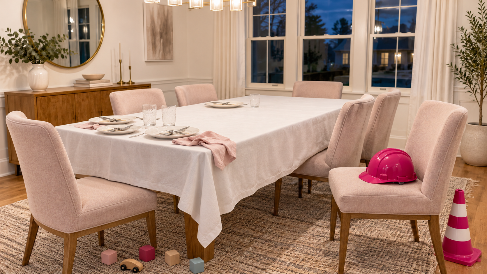 A lived-in evening dining room after dinner: used plates and a napkin on the table, toy blocks and a wooden car on the rug, and a pink hardhat and striped cone at the right.