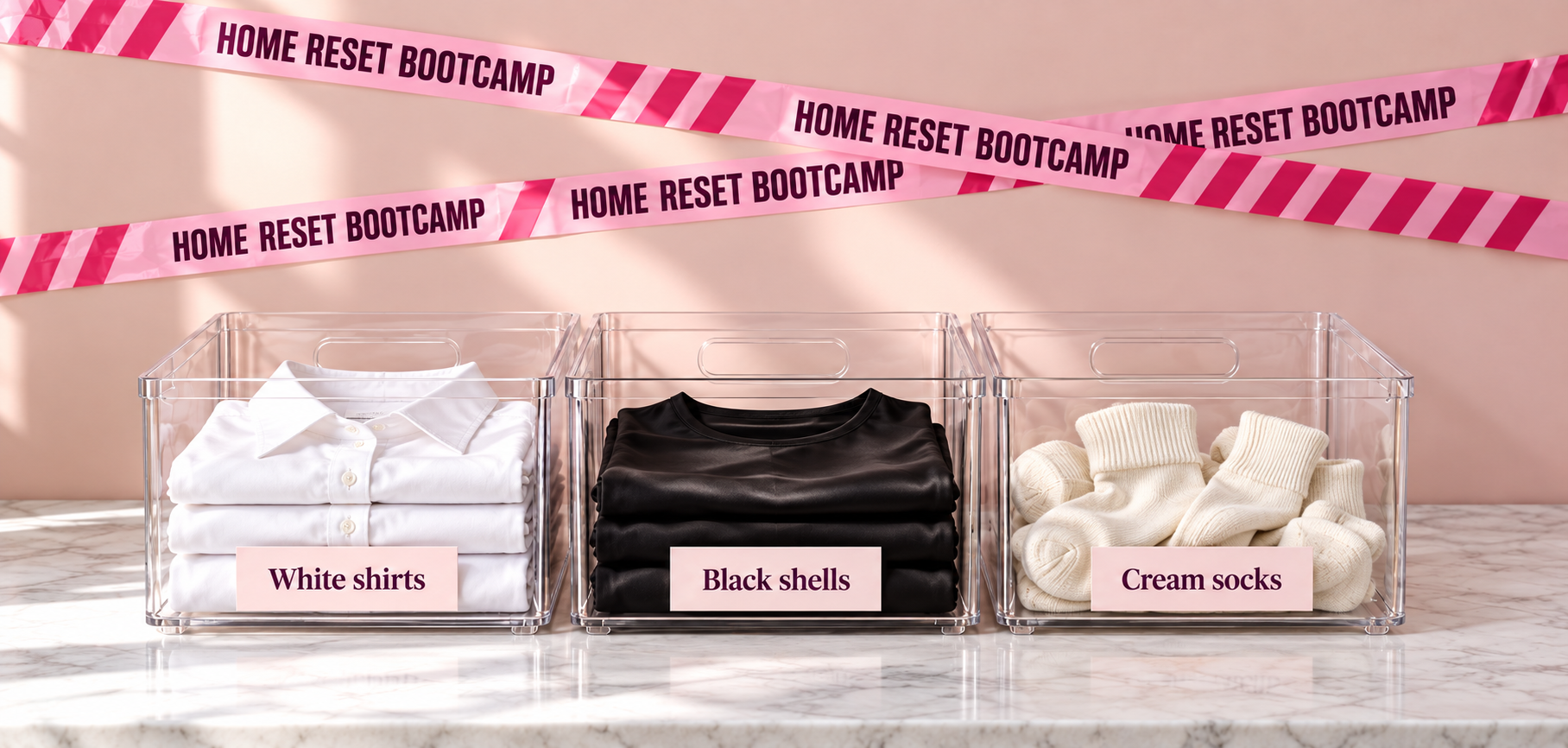 Three clear bins on a marble surface, each with a pink label reading White shirts, Black shells and Cream socks, holding white button-down collared shirts, black silky shell tops and cream socks, with pink HOME RESET BOOTCAMP tape strung behind them.