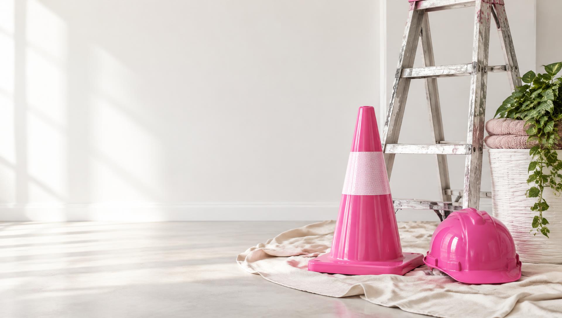 A bright home turned into a pink construction site, with cones, a ladder and a hardhat